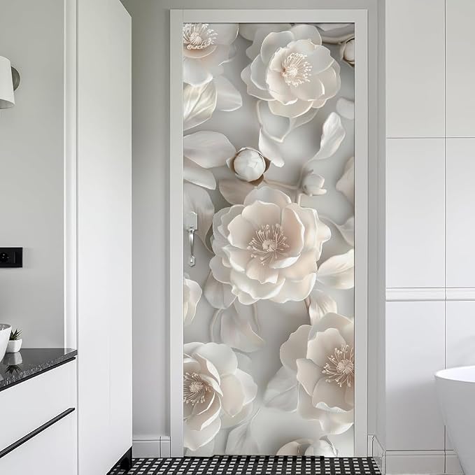 REDAMANCY 30.7"x79" 3D White Magnolia Floral Peel and Stick Door Stickers Vinyl 3D Mural Decals Modern Wallpaper Self-Adhesive, Waterproof, Removable Decor for Kitchen, Living Room, Bedroom by Unknown