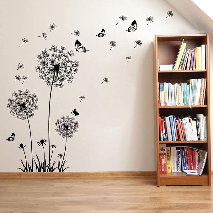 Runtoo Black Dandelion Wall Art Stickers - Large Flower Butterfly Wall Decals for Bedroom & Living Room - Image 3