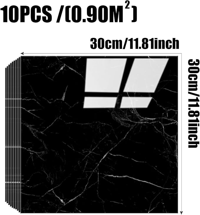 Chejiaye Shower Wall Panels Peel and Stick,Marble Wall Panels for Interior Decor,Backsplash Tile for Kitchen Showers Bathrooms Living Rooms 11.8"x11.8"in 10Pcs,Black (Not Real Tile,9.7 Sq.ft) - Image 4