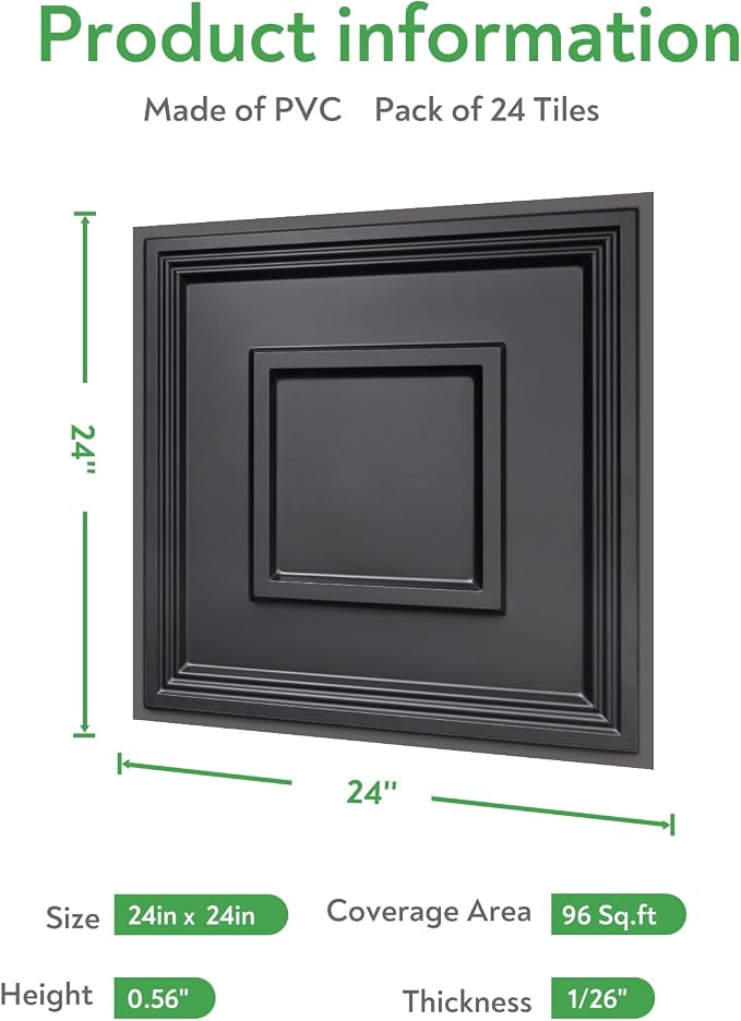 STICKGOO Black Drop Ceiling Tile 2ft x 2ft, Ceiling Panel High-Grade PVC Coverings 24 x 24in - 24 Pack Cover 96 Sq. Ft - Image 3