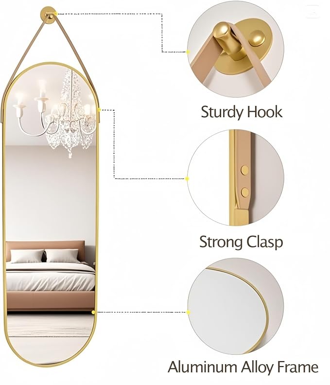 Dewfig 48"x16" Full Length Mirror, Oval Wall Mirror, Leather Strap, Gold - Image 7