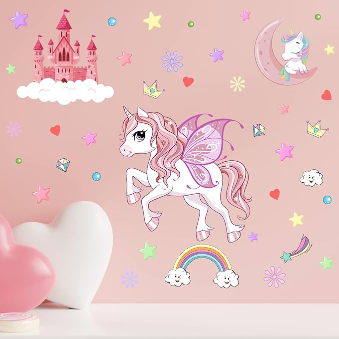 Glow in The Dark Stars Unicorn Wall Decals, Castle Moon Rainbow Stickers for Ceiling, DIY Unicorn Wall Decor for Nursery Girls Playroom, Kids Christmas Birthday Party Decoration - Image 3
