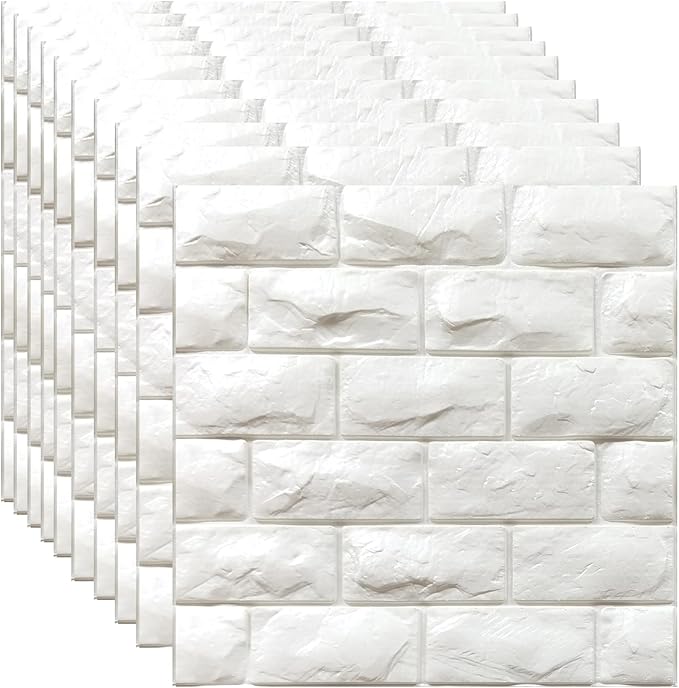 YU LI 3DH 3D Wall Panels Peel and Stick 30PCS White Foam Brick Wallpaper for Bedroom Faux Stone Wall Panel Self-Adhesive Wallpaper (30PCS-29 Sq Ft, White) by YULI3DH