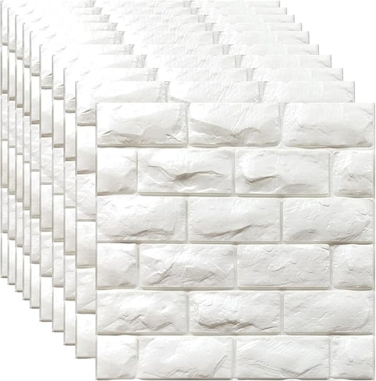YU LI 3DH 3D Wall Panels Peel and Stick 30PCS White Foam Brick Wallpaper for Bedroom Faux Stone Wall Panel Self-Adhesive Wallpaper (30PCS-29 Sq Ft, White) by YULI3DH