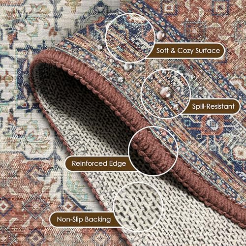 Washable Area Rug 8' x 10' Vintage Traditional Persian Mat - Foldable Distressed Non-Slip Machine Washable Carpet for Living Room Bedroom Kitchen Home Decor - Terracotta and Navy - Image 6