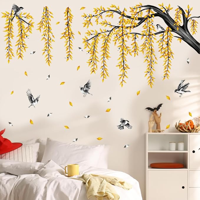 Fall Large Tree Branch Wall Decals Hanging Autumn Yellow Leaves Wall Stickers Peel and Stick Leaf Branch Bird Wall Decor for Living Room Bedroom Tv Background Decor - Image 3