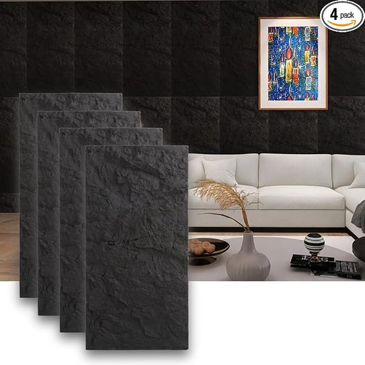 4-Pack 3D Faux Stone Wall Panels Rock Wall Panel Dark Black | 47.24"*23.62" PU Stone Wall Panels for Interior Decor, Lightweight & Waterproof by ARTSLATSLatisakindofart