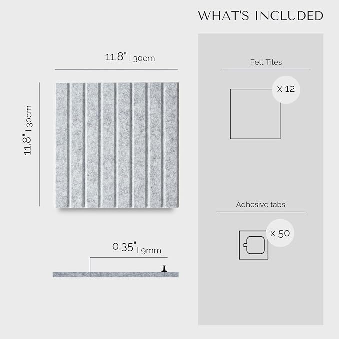 VIVELDA Large Felt Bulletin Board 48 x 36 Inch - 12-Pack Square Acoustic Wall Panels, Cork Board Alternative, NRC 0.95, Damage-Free Adhesive, Slatted Design for Home, Classroom (Marble) - Image 5