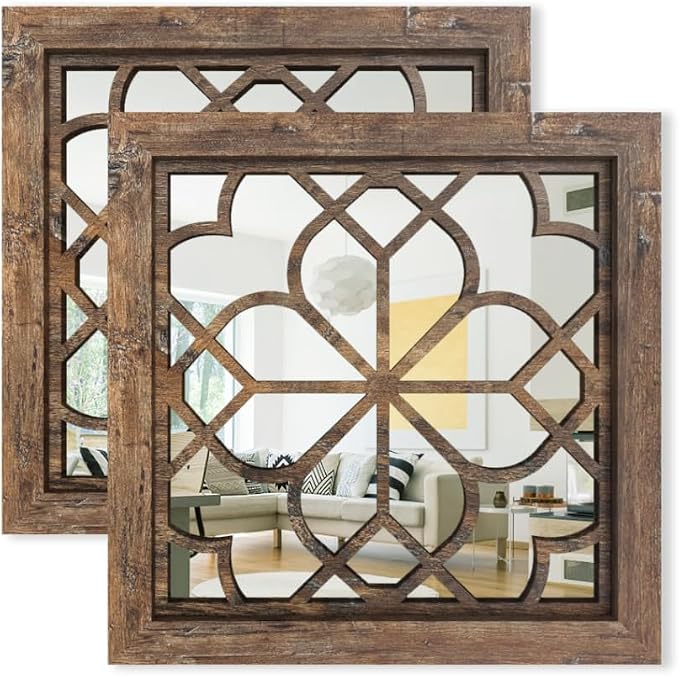 Set of 2 14 Inch Square Redbrown Window Pane Wall Mirrors, Shatterproof Rustic Farmhouse Boho Vintage Accent Mirrors for Living Room Bedroom Bathroom Entryway by HMANGE