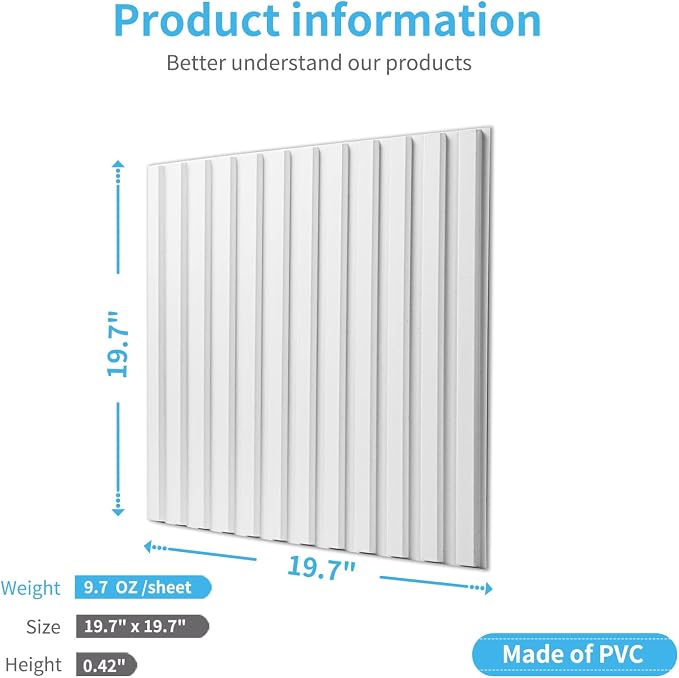 Art3d 3D Fluted Textured Slat Wall Panels, 19.7 x 19.7 in, 12-Pack, White | PVC, Waterproof, Scratch Proof, Wipeable, Break-Proof, Ideal for Home, Office and Commercial Spaces - Image 3