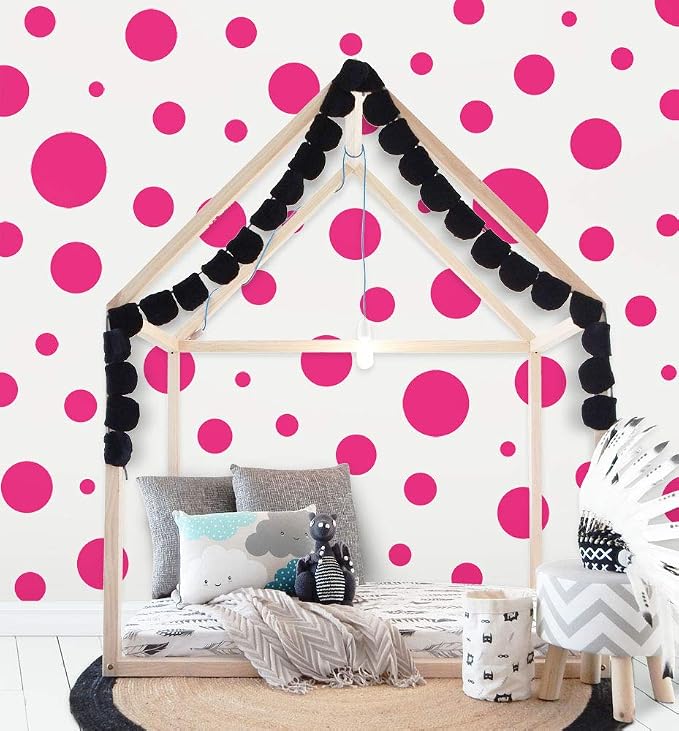 Polka Dot Wall Decals (63) Girls Room Wall Decor Stickers, Wall Dots, Vinyl Circle Peel & Stick DIY Bedroom, Playroom, Kids Room, Baby Nursery Toddler to Teen Bedroom Decoration 3"-6.5" (Hot Pink) by Create-A-Mural