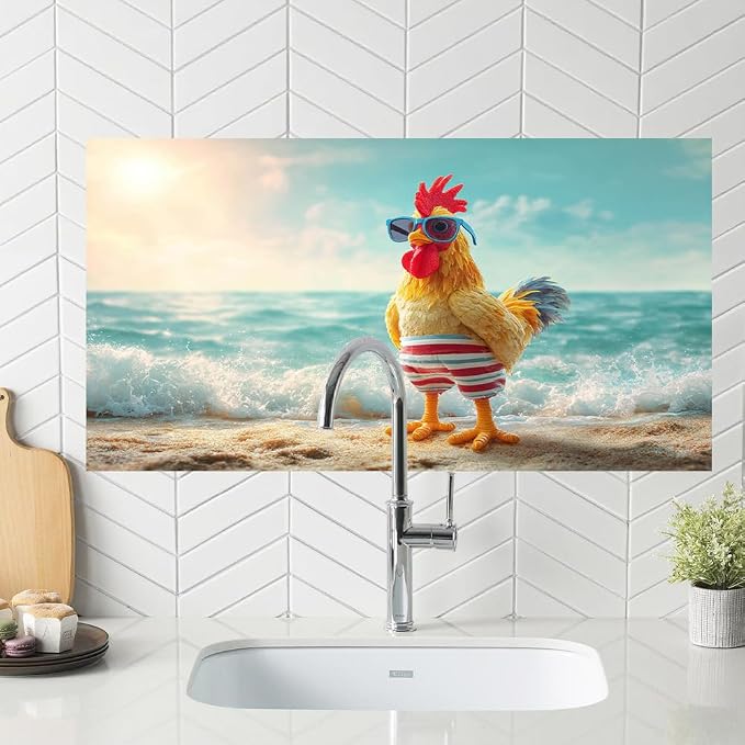 Funny Rooster Beach Kitchen Backsplash Peel and Stick, 30x16 in | Cartoon rooster in sunglasses and swim trunks on a sunny beach; flat 2D waterproof peel and stick; wipe clean; 30x16 in - Image 5