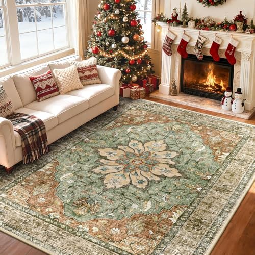 RELEANY Washable Area Rug, 7'x9', Brick/Brown/Green - Image 2