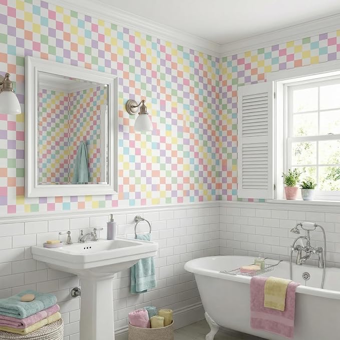 Drydiet Pastel Checker Wallpaper Peel and Stick Contact Paper 15.8 x 118.1 | Self Adhesive, Pastel Rainbow Checkered Design, Easy Apply Remove, for Home Locker Dorm Classroom Living Room Decor - Image 5