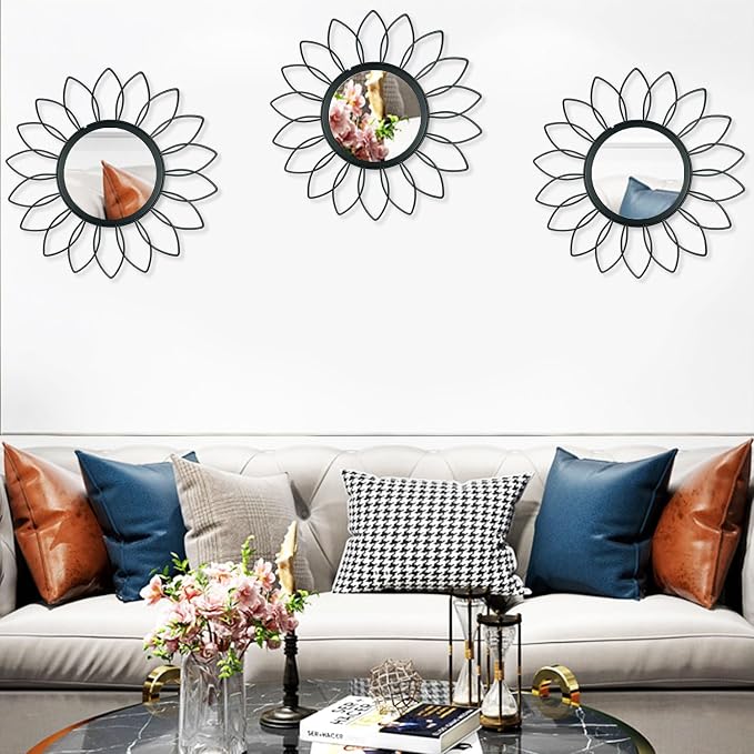 3 Pack Metal Mirrors for Wall Sunburst Wall Mirrors Home Décor Decorative Hanging Wall Art for Living Room Bedroom Entryway (Black, Flowers) - Image 2