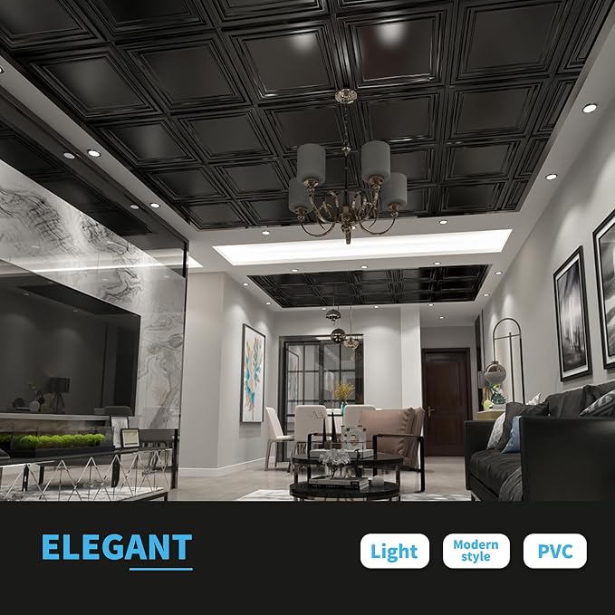 Art3d PVC Ceiling Tiles, 3D Plastic Sheet in Black, 2 x 2 ft, 24-Pack | Lightweight, Waterproof, No Sag and Breakage, Compatible with Grid System, Perfect for Basement, Kitchen - Image 3