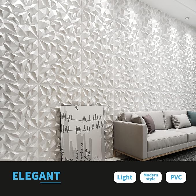 Art3d Textures 3D Wall Panels White Diamond Design for Interior Wall Decor Pack of 12 Tiles 32 Sq Ft (PVC) - Image 3