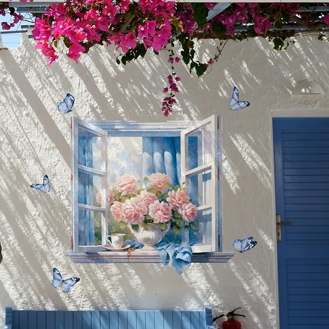 3D Window View Wall Decal - Faux Open Window with Pink Roses and Blue Butterflies, Peel and Stick Removable Wall Mural for Bedroom, Living Room, Nursery, Home Office Decor - Image 3