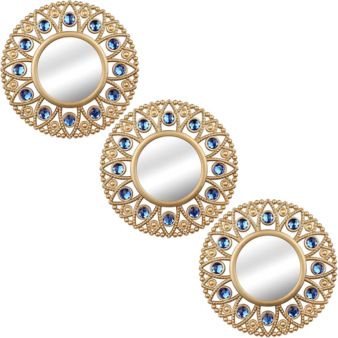 DXYAKY Gold Round Decorative Wall Mirrors Set of 3, Lightweight Plastic Framed Mirrors with Blue Crystal Accents, 9.8 Inch Vintage Boho Wall Decor for Livingroom, Bedroom, Entryway - Image 2