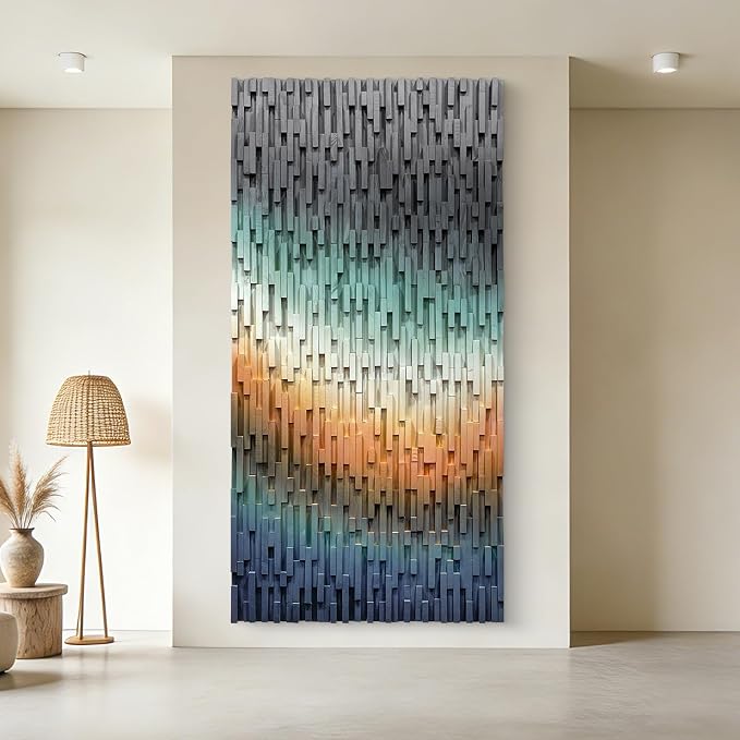 LIUZEYUE Staggered Vertical Texture, Modern Wood Wall Decor, Pine Mosaic | large 3D textured wall art; teal and warm orange, solid pine; corporate hallway visual wall anchor; 27.6 x 55.1 in - Image 7