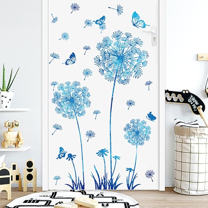 Arawat Dandelion Flower Stickers Blue Butterflies Wall Decor for Bedroom Office Bathroom Living Room Floral Wall Decal Removable Peel and Stick Room Decor by ARAWAT