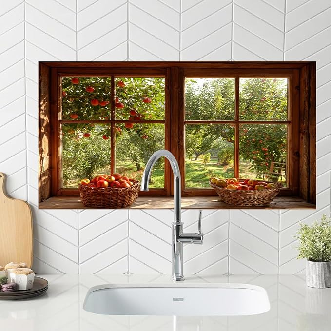 Apple Orchard Kitchen Backsplash Peel and Stick, 30x16 in | Wood frame window view of apple orchard with harvest baskets; flat 2D waterproof peel and stick; wipe clean; 30x16 in - Image 5