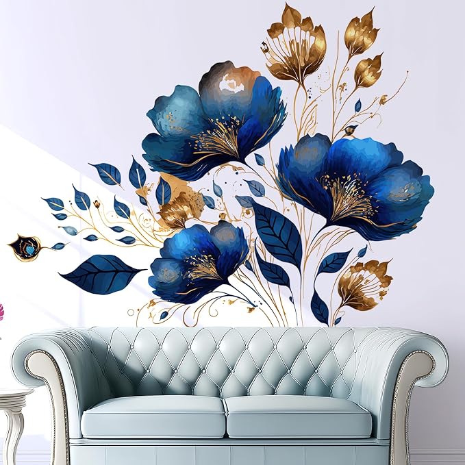 Blue Gold Floral Wall Decals, Flower Removable Wall Stickers Decor | Large luxurious peel and stick wall stickers, vinyl home decor art for nursery bedroom living room classroom office - Image 4