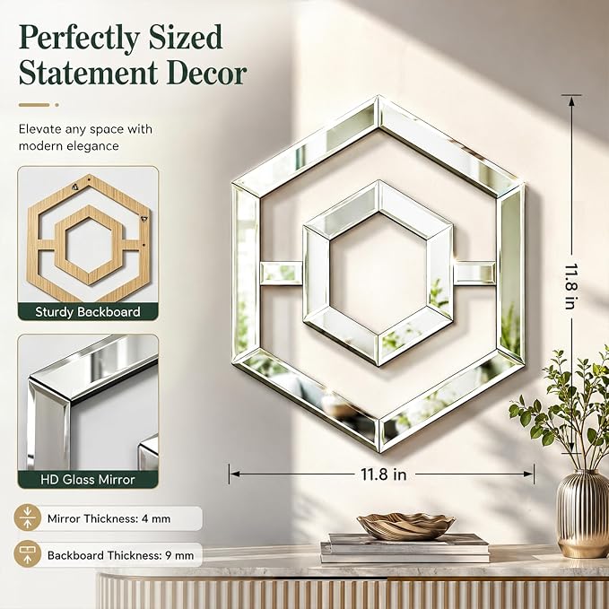Square Decorative Wall Mirror 12 x 12 Inch, Silver Frameless Mirror Wall Decor with Beveled Edge, Modern Wall Mounted Accent Mirror for Living Room, Bedroom, Hallway, Set of 2 - Image 3