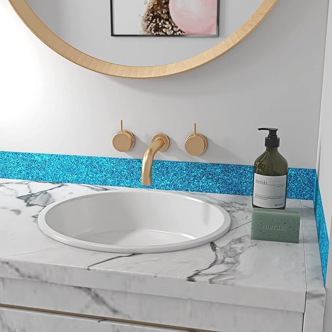 FunStick Ocean Blue Glitter Wallpaper Border Peel and Stick Removable Wall Paper Borders for Bathroom Mirror Frame Border Sticker Blue Glitter Contact Paper Border for Bedroom Walls Waterproof 3.9x200 - Image 4