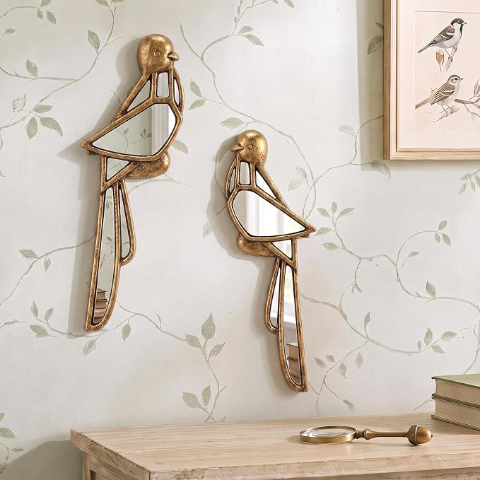 Fumete 2 Pcs Tropical Bird Mirror Wall Decor Vintage Gold Resin Insect Art Decorative Wall Mirror Retro Hanging Bug Animal Glass Mirrors Garden Nature for Summer Wedding Home Accent Housewarming by Fumete