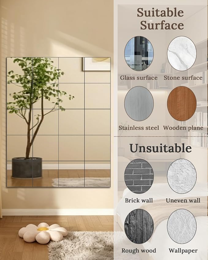 20 Pack Peel and Stick Mirror Tiles, 8x8 Inch Shatterproof Flexible Stick on Mirrors for Wall Self-Adhesive Sticker for Bedroom, Door, Bathroom, and Dance Studio Installation - Image 4