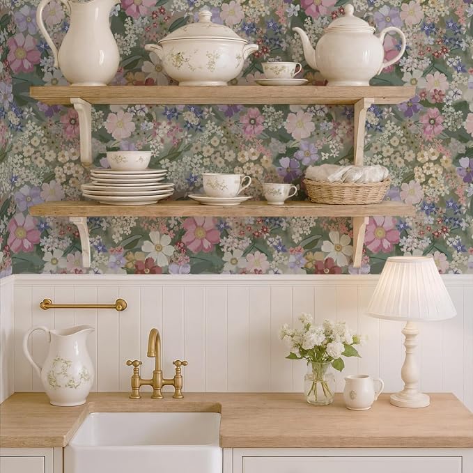 Ismoon Floral Peel and Stick Wallpaper Vintage Wallpaper 17.3in x 6.56ft Pink/Green Floral Wall Paper Boho Waterproof Removable Self-Adhesive Wall Paper for Nursery Bedroom Shlef Cabinet Décor - Image 4