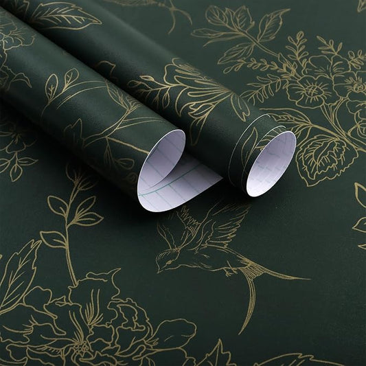 Froluya Green and Gold Peel and Stick Wallpaper for Bathroom 17.7in×118.1in | Dark Green Floral Wallpaper Vintage Contact Paper Peel and Stick Flowers Birds Removable Self Adhesive Cabinets Wall Paper by Froluya
