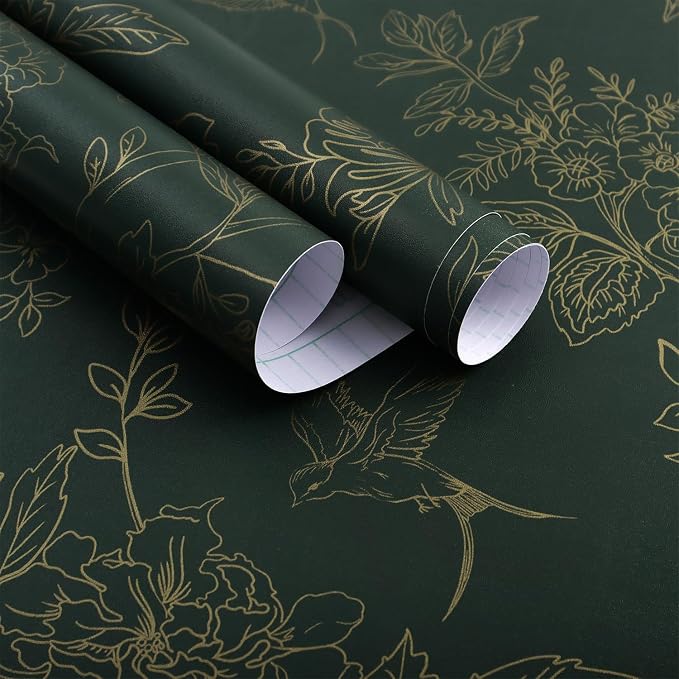 Froluya Green and Gold Peel and Stick Wallpaper for Bathroom 17.7in×393.7in | Dark Green Floral Wallpaper Vintage Contact Paper Peel and Stick Flowers Birds Removable Self Adhesive Cabinets Wall Paper by Froluya