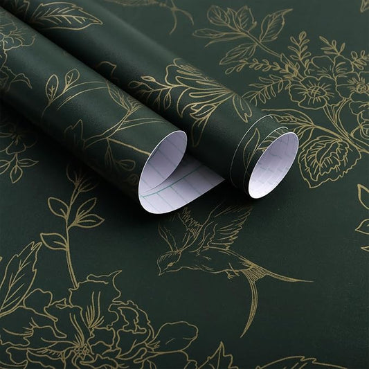 Froluya Green and Gold Peel and Stick Wallpaper for Bathroom 17.7in×393.7in | Dark Green Floral Wallpaper Vintage Contact Paper Peel and Stick Flowers Birds Removable Self Adhesive Cabinets Wall Paper by Froluya