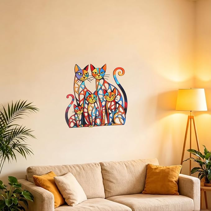 Wesiti Cat Wall Art Iron Sculpture 11.81x11.61 Mid Century Colorful | Graceful Design for Cat Lovers, Vibrant Retro Style, Perfect for Living Room Bedroom Kitchen Office Metal Sculpture - Image 7