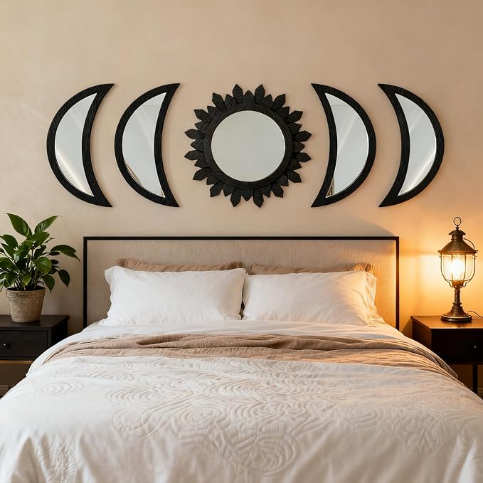 5 Pieces Moon Phase Mirror Wall-Mounted Wall Decor Mirrors Natural Wooden Sunburst Bohemian Wall Art for Home Living Room Bedroom Decoration - Image 9