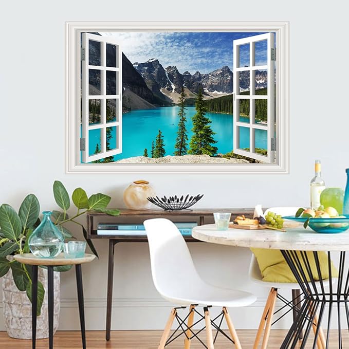 Fake Window Wall Decal- Summer Mountains Lake View Open Sticker Decorations | Faux Window Natural Landscape Art Mural｜Stick and Peel Wall Decals｜for Room Bedroom Office Scene Decor｜24"x16" - Image 8