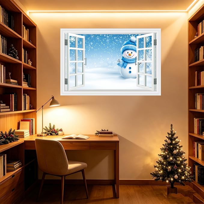 Fake Window Wall Decal- Winter Christmas Blue Snowman Snowflakes Sticker | ｜Faux Window Natural Scenery Landscape Mural ｜ Stick and Peel Wall Decal｜Room Bedroom Office Decor｜48"x32",Set of 2 Sheets - Image 6