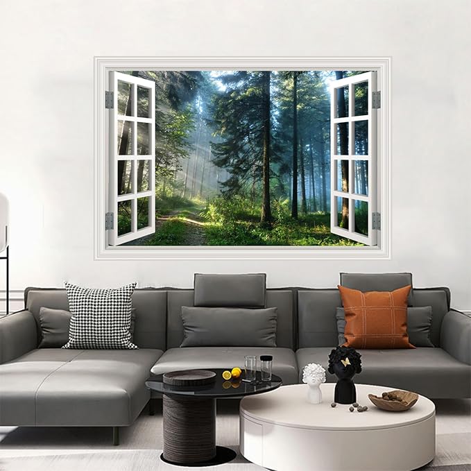 Fake Window Poster Wall Decal - Morning Forest Faux Window Wall Mural Prints for Wall Decor, Peel and Stick Wall Sticker 48" x 32" Set of 2 Sheets - Image 8