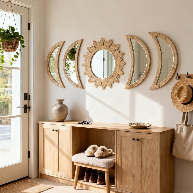 5 Pieces Moon Phase Mirror Wall-Mounted Wall Decor Mirrors Natural Wooden Sunburst Bohemian Wall Art for Home Living Room Bedroom Decoration (Natural) - Image 8
