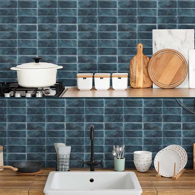 Peel and Stick Backsplash 3D Wall Tiles,Self-Adhesive,Oil Proof,Waterproof, Removable Wall Panels for Kitchen & Bathroom,Modern Design, Easy Install (10.7ft，12x9 inch,14 Pack) (Blue) - Image 8