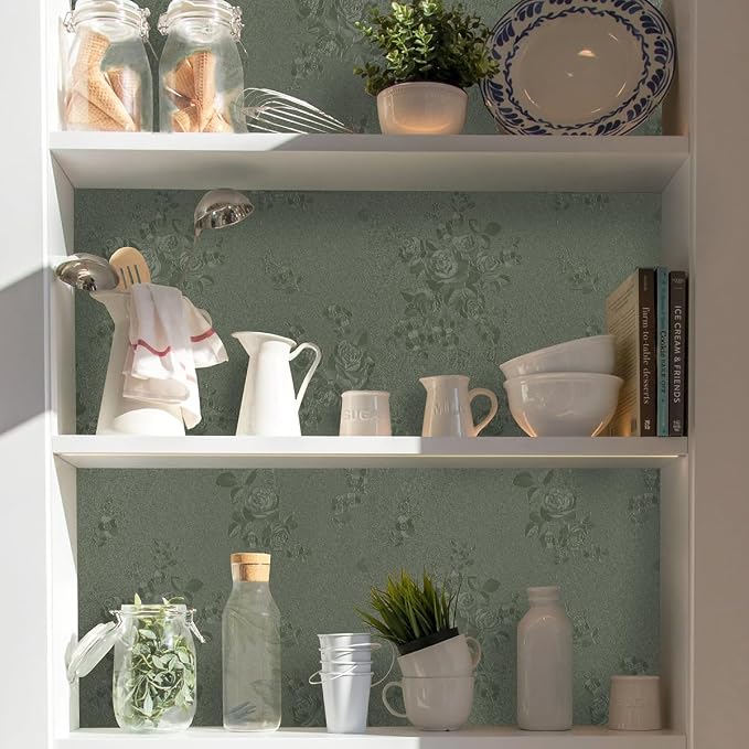 Green Flower Peel and Stick Wallpaper Solid Pure Paper 18in x 197in | Embossed Flower Contact Paper Textured Self Adhesive Paper for Cabinets Bathroom Dark Floral Removable Waterproof Decor Vinyl - Image 5