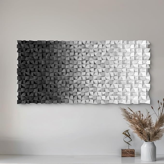 LIUZEYUE Faceted Monochrome Mosaic, Modern Wood Wall Sculpture | large office wall decor; graphite gray gradient, organic wood grain; executive office statement wall; 27.6 x 55.1 in - Image 7