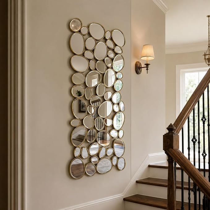 Gold Wall Mirrors Decorative - 51"x23" Large Modern Wall Mirror for Home Decor, 55 Pieces Multi-Size Pebble Design Metal Framed Accent Mirror for Entryway Bedroom Living Room Wall Art Decor - Image 8
