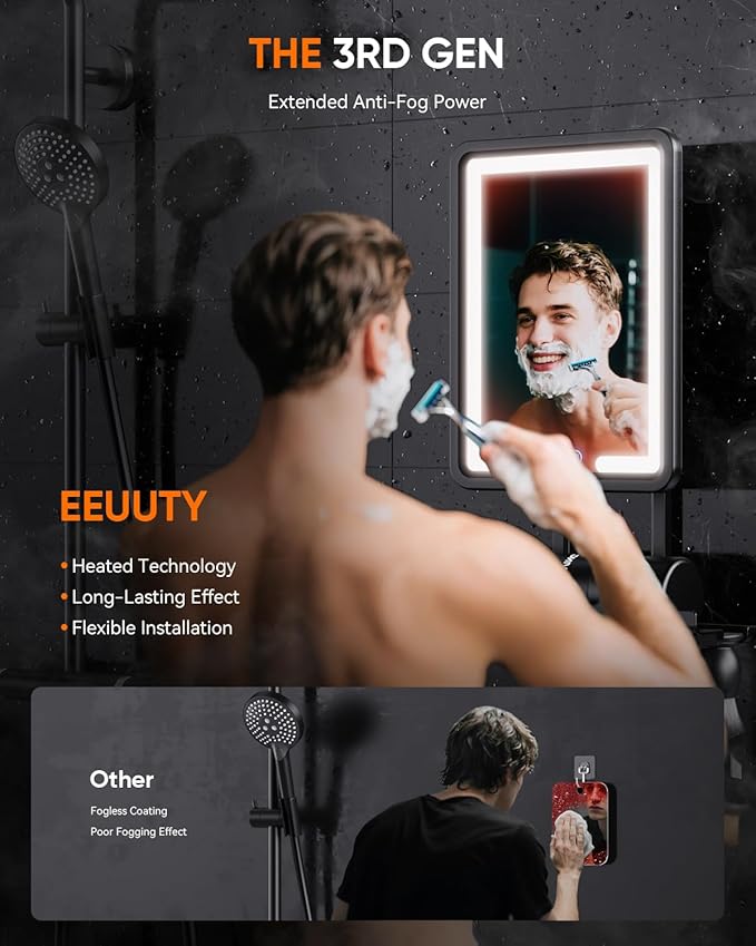 Heated Shower Mirror Fogless for Shaving (Gen 3) - 3 Colors Stepless Dimmable Lights, Anti-Fog Shaving Mirror with Razor Holder, No-Drilling, Removable - Black - Image 2