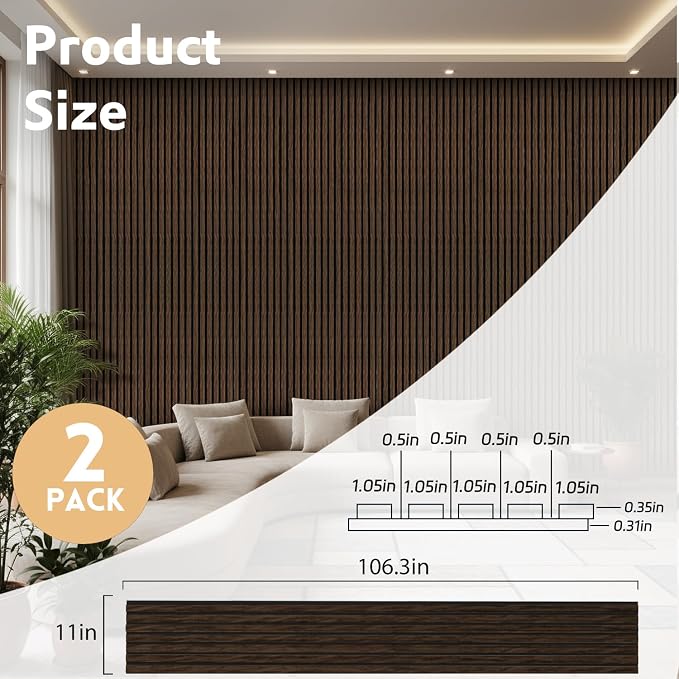 2 Pack Wood Panels for Wall, 106.3" × 11" Wood Slat Acoustic Panels for Wall, Soundproof Panels, 3D Fluted Panels for Interior Wall Decor (Dark Walnut) - Image 2