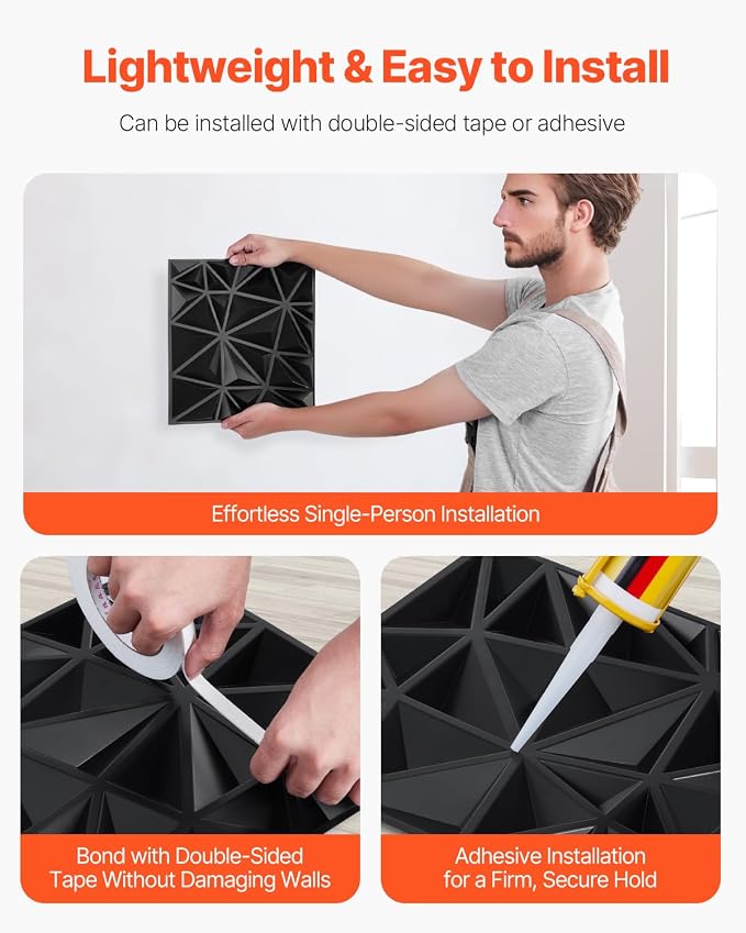 VEVOR 3D Wall Panels, 33-Pack 11.81 x 11.81 in PVC Modern Art Minimalist Diamond Tiles, 32 Sq.Ft Coverage Accent Wall Panel, Interior Home Decor for Ceiling, Bedroom, Living & Gaming Room, Matte Black - Image 6