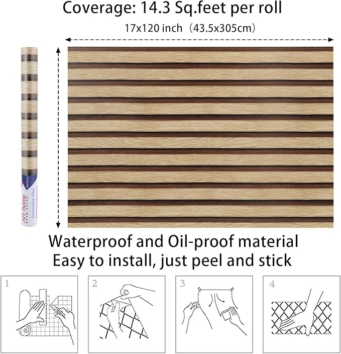 Arthome 17''x120'' Wood Slat Wallpaper Peel and Stick self Adhesive Wood Wallpaper PVC Vinyl Decorative Removable Wallpaper Waterproof Faux Wood Grating Stripe Contact Paper for Living Room Bedroom - Image 7