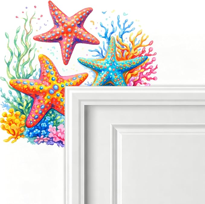 PLIGREAT 12 Pcs Ocean Animals Wall Stickers, Starfish Sea Turtle Wall Decals for Door Peel and Stick Vinyl Octopus Switch Stickers for Nursery Bedroom Living Room Bathroom Home Door Corner Decor - Image 4